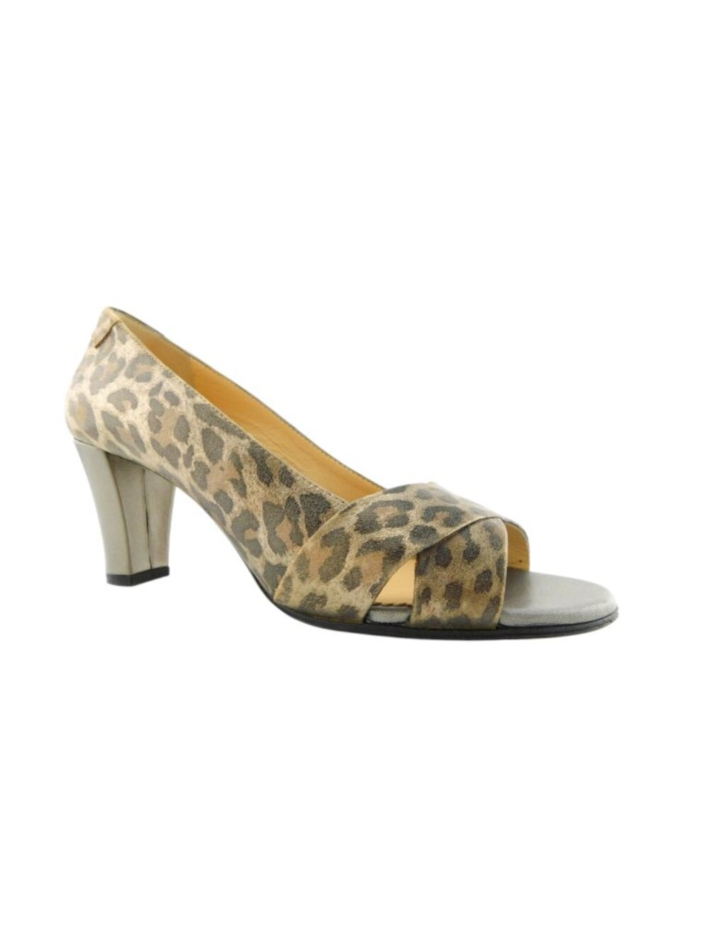 TARYN ROSE Pewter Leopard Metallic Leather Open Toe Heel Pumps 38